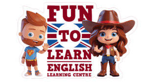Fun to Learn English Learning Centre 2026 logo with Papa V and Mama Mia