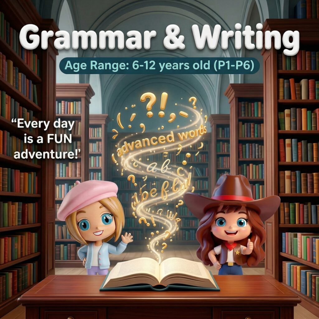 Children learning grammar and writing in English class at Fun To Learn English Learning Centre Hong Kong. Interactive grammar games and writing practice for primary students.