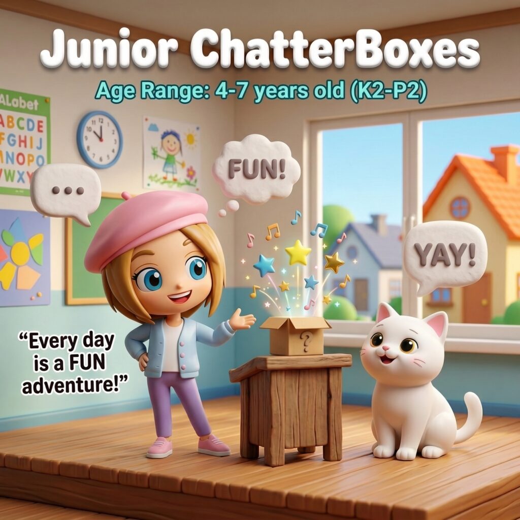 Young learners developing English speaking skills through fun games and conversation activities at Fun To Learn English Learning Centre Hong Kong. Junior ChatterBoxes course builds confidence, pronunciation, and fluency for children.