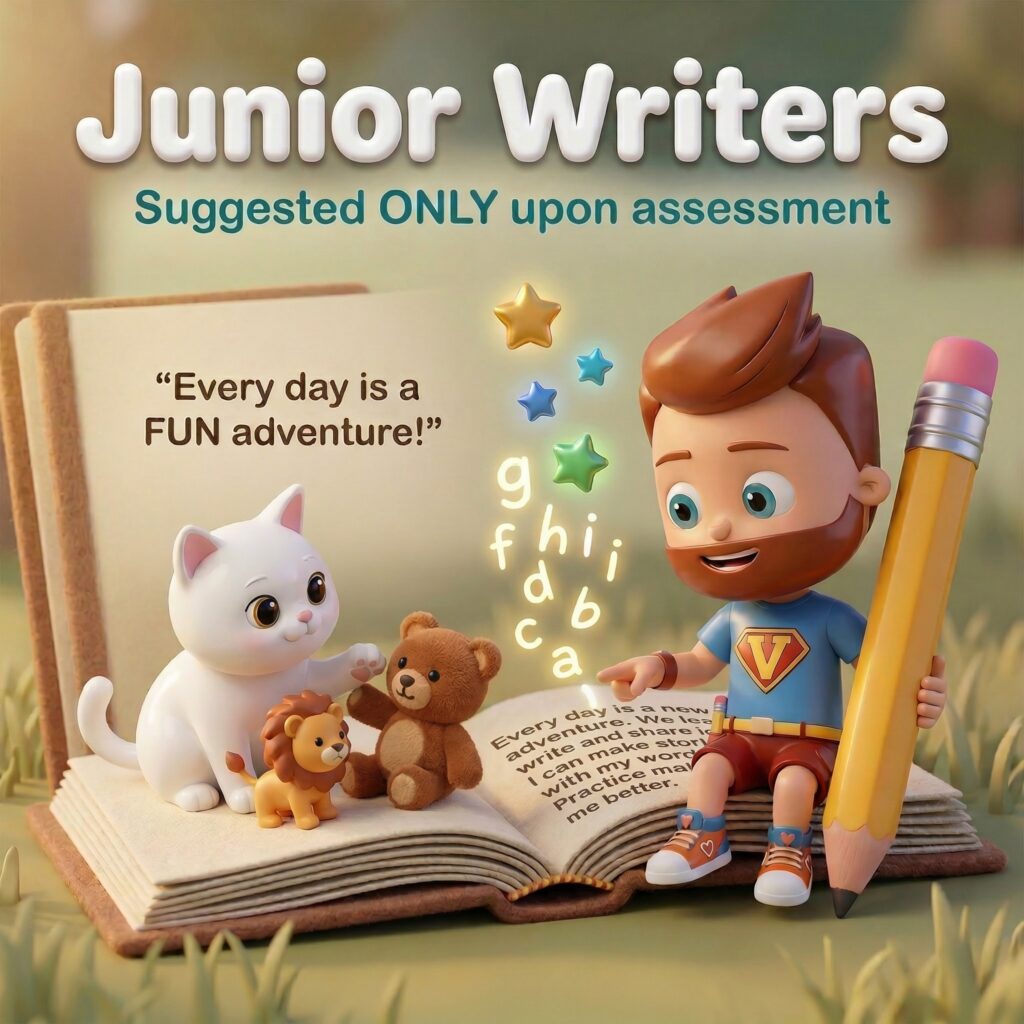 Children learning creative writing and grammar through fun story‑building activities at Fun To Learn English Learning Centre Hong Kong. Junior Writers course builds vocabulary, sentence structure, and writing confidence.