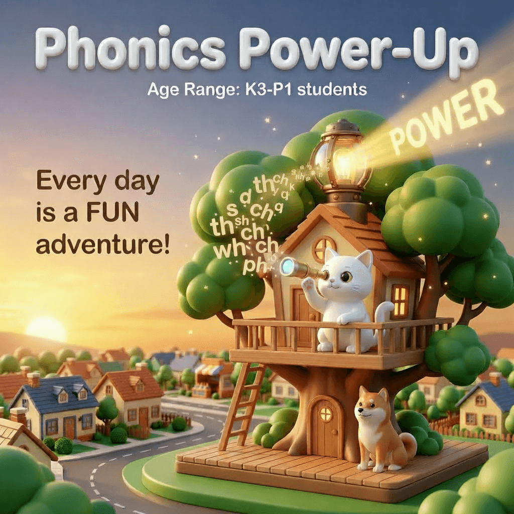 Children learning English phonics through fun interactive lessons at Fun To Learn English Learning Centre Hong Kong. Phonics Power‑Up course helps young learners improve letter sounds, blending, and early reading skills.