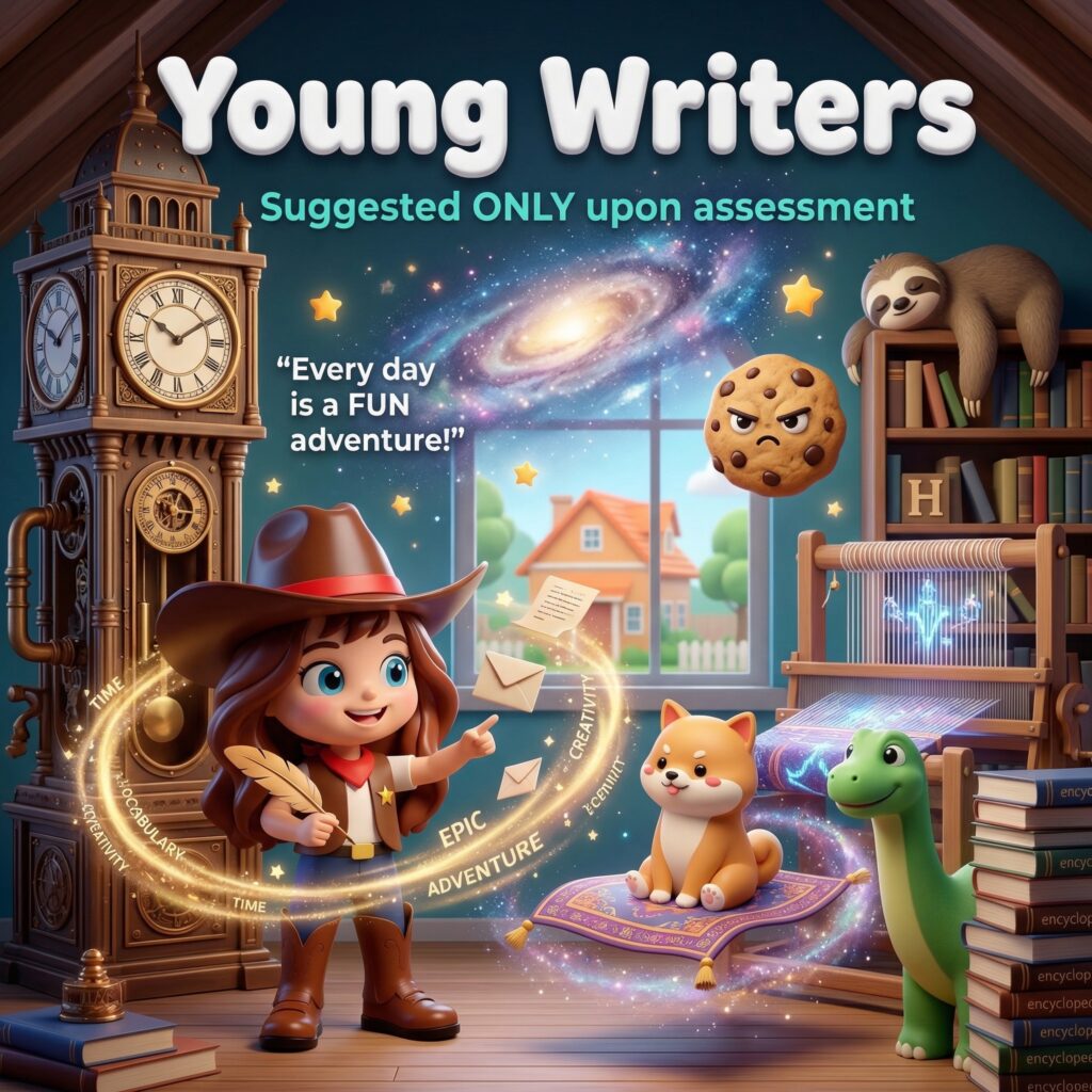 Children developing creative English writing skills at Fun To Learn English Learning Centre Hong Kong. Young Writers course helps students improve story writing, vocabulary, grammar, and expression.